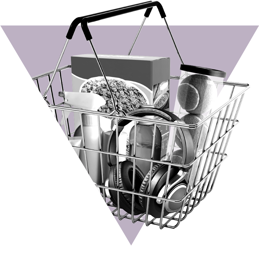 紫色の三角形の上に、さまざまな食料品が入った小さなワイヤーの買い物かごを白黒で表示。