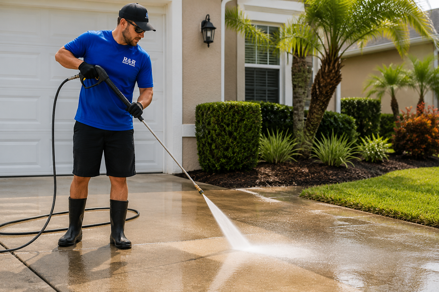 Professional driveway pressure washing in Davenport, FL, removing dirt, algae, mildew, tire marks, and surface buildup.