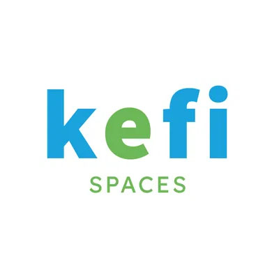 Logo for Kefi Spaces, featuring the word "kefi" in blue and green, with "SPACES" below.