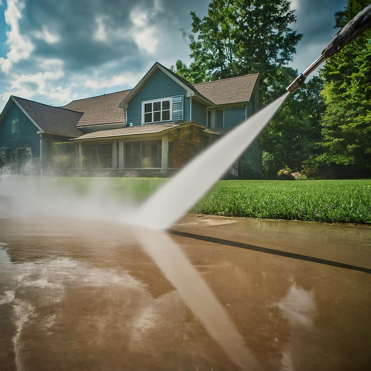 Pressure washing concrete in front of the house