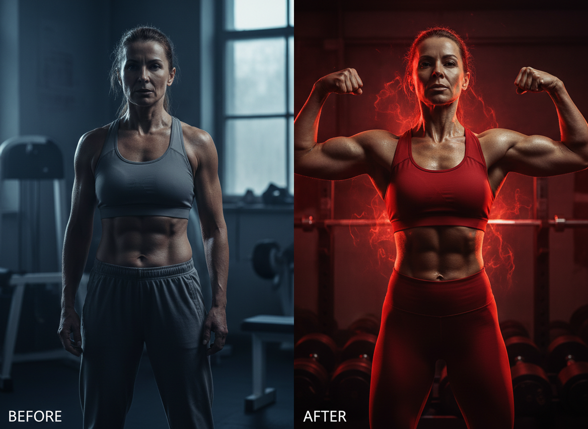 A split image shows a woman in a gym. On the left, she is wearing a grey sports bra and grey sweatpants, with the word "BEFORE" in white text at the bottom. On the right, the same woman is wearing a red sports bra and red leggings, flexing her biceps, with red energy effects around her and the word "AFTER" in white text at the bottom. The background on the left appears to be a dimly lit gym with exercise equipment, while the background on the right is darker with racks of weights visible.