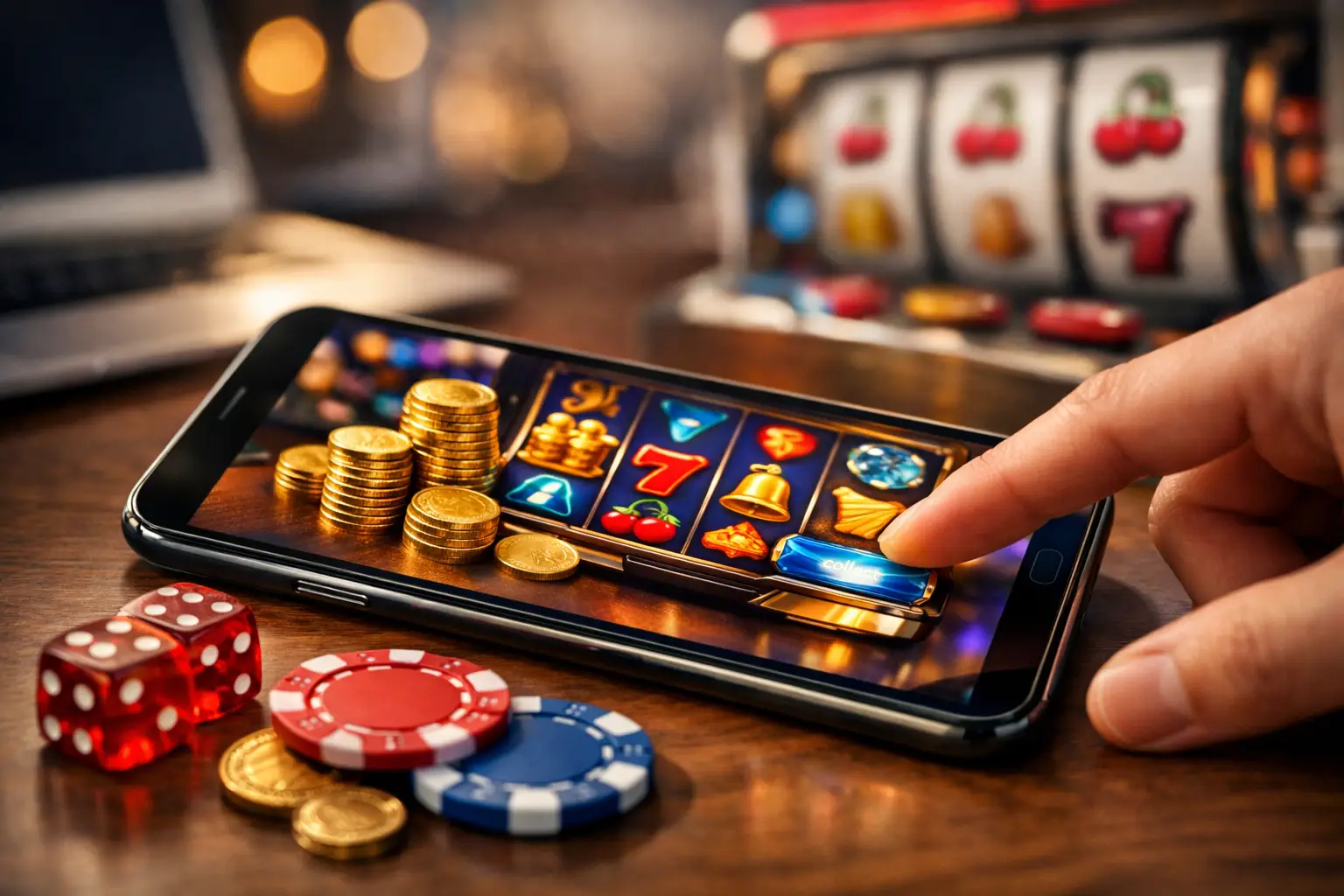 A close-up shot shows a hand interacting with a slot machine game on a smartphone, surrounded by casino-themed items like gold coins, dice, and poker chips. In the background, a blurred slot machine and a laptop suggest an online gaming environment.