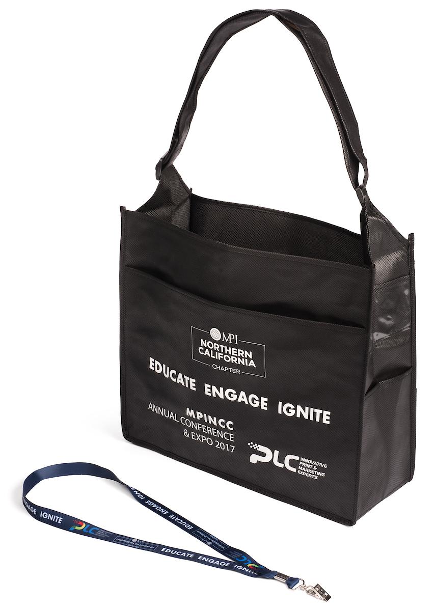 Tote and lanyard for MPI Northern California. Branded merch by PLC Print.