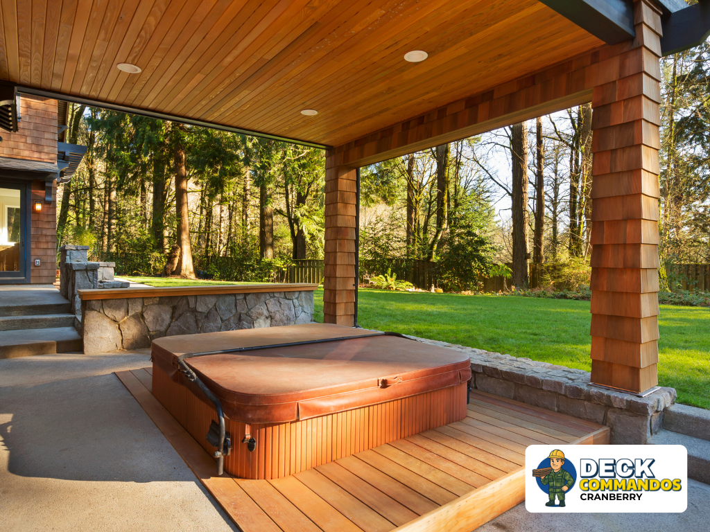 Custom cedar-clad hot tub enclosure with privacy walls and natural wood finish.