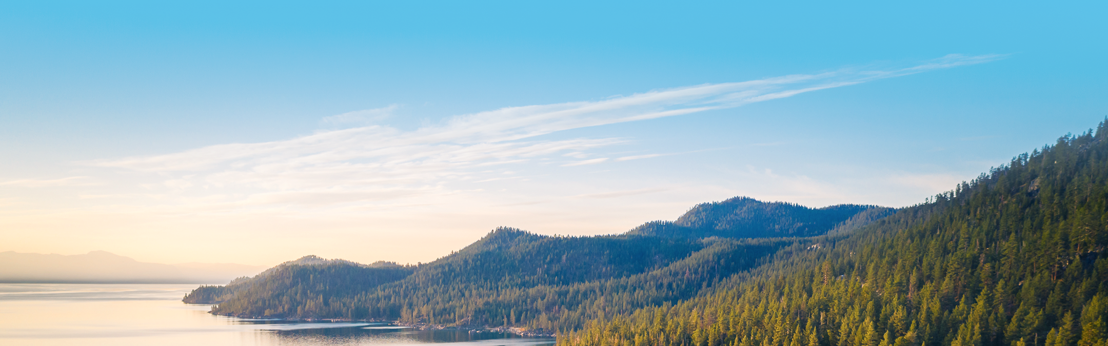 Forested mountains by the water on a sunny day.