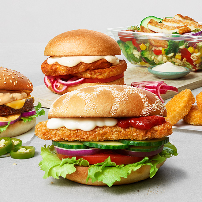 MAX fried Chicken sandwiches, burgers and salads.