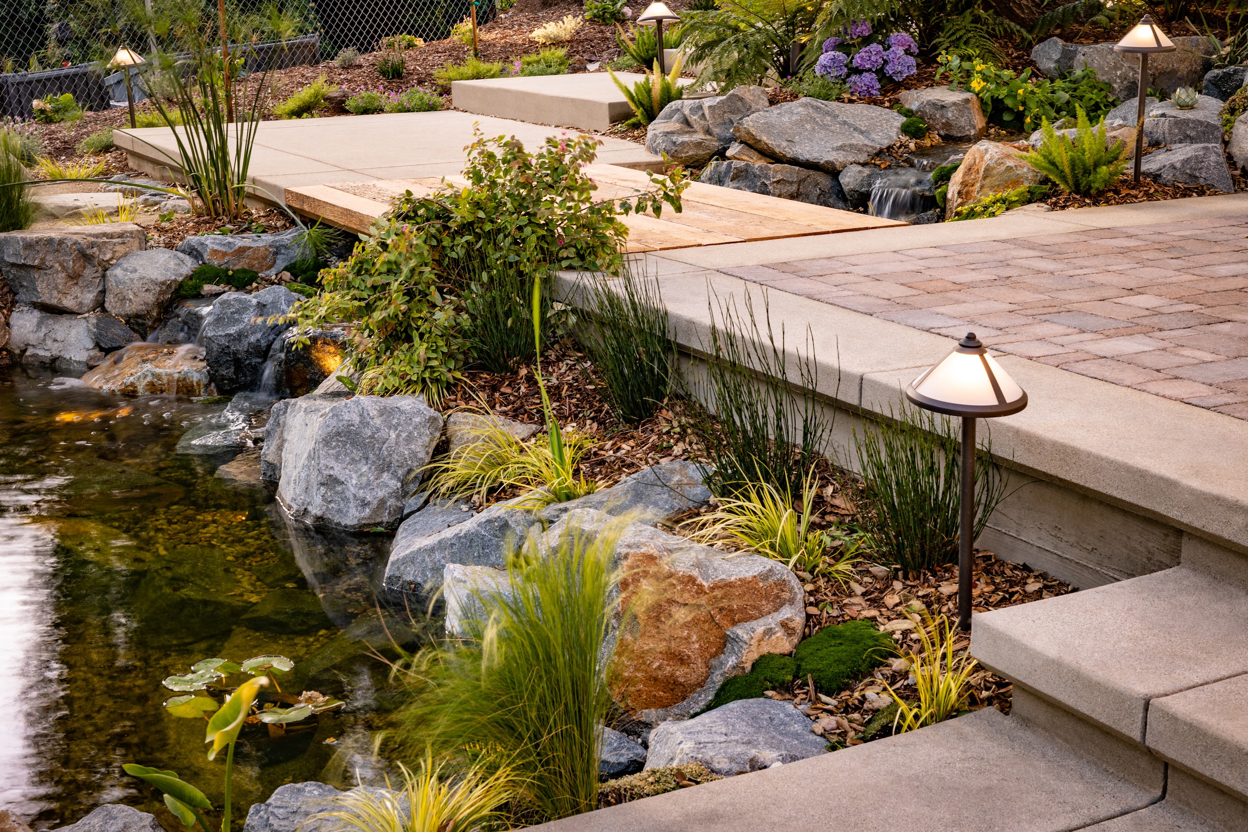 Landscaped garden with a koi pond, cascading rock waterfall, stone paths, ornamental grasses, purple flowers, and warm lanterns.