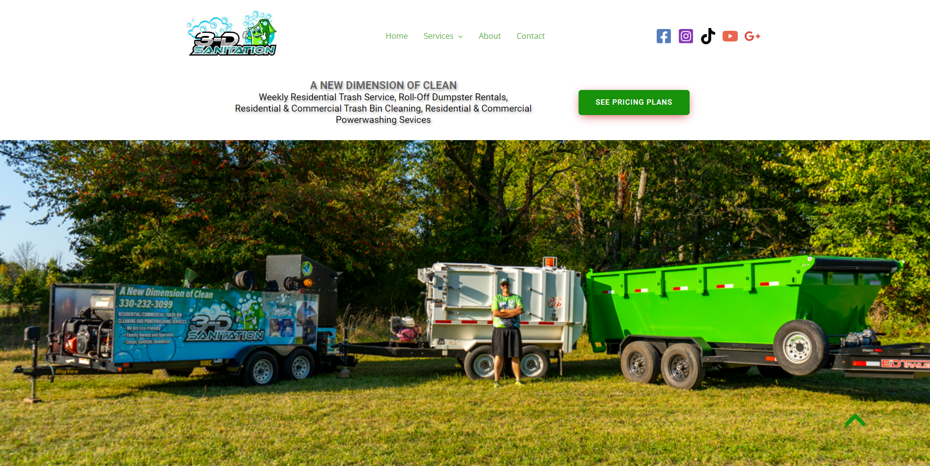 Professional website for 3-D Sanitation, a local sanitation and waste removal company providing reliable residential and commercial cleaning services. Designed and developed by JellyWeb to showcase services and easy contact options.