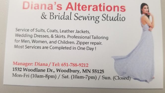 Diana's Alterations & Bridal Sewing Studio in Woodbury, MN has services for suits, coats, leather jackets, wedding dresses, and skirts. Professional tailoring for men, women, and children! Contact us today.