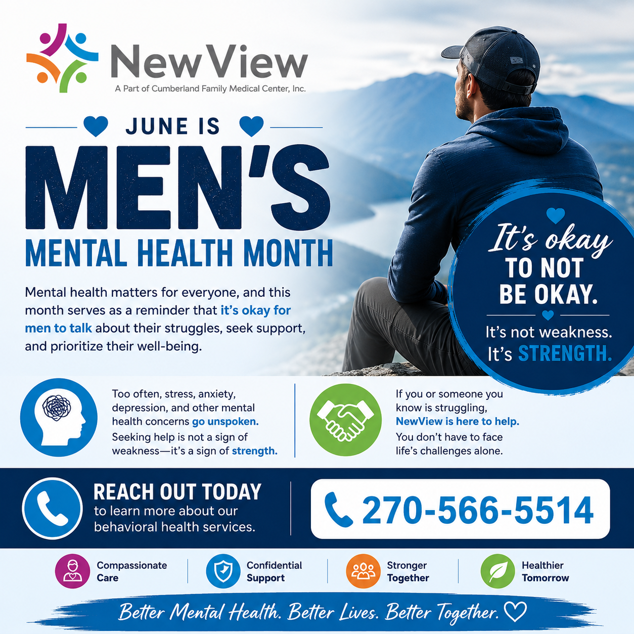 NewView encourages men to prioritize their emotional well-being, seek support when needed, and know they do not have to face life's challenges alone. Learn more about NewView's behavioral health services, including support for stress, anxiety, depression, and other mental health concerns. Contact NewView today at 270-566-5514.