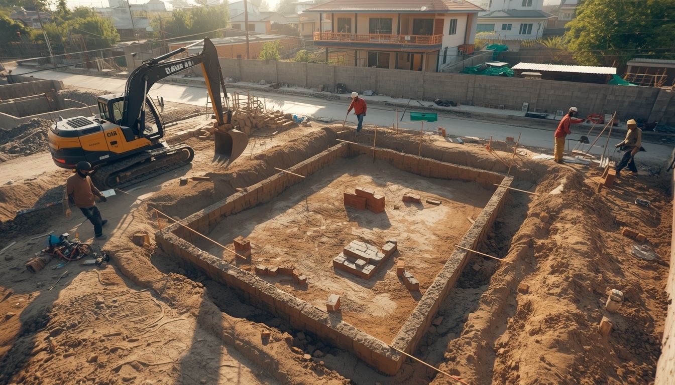 Construction site with excavator digging foundation trenches for a new building. Workers prepare the ground with precise measurements and leveling, ensuring a strong base for structural development in residential or commercial construction projects.
