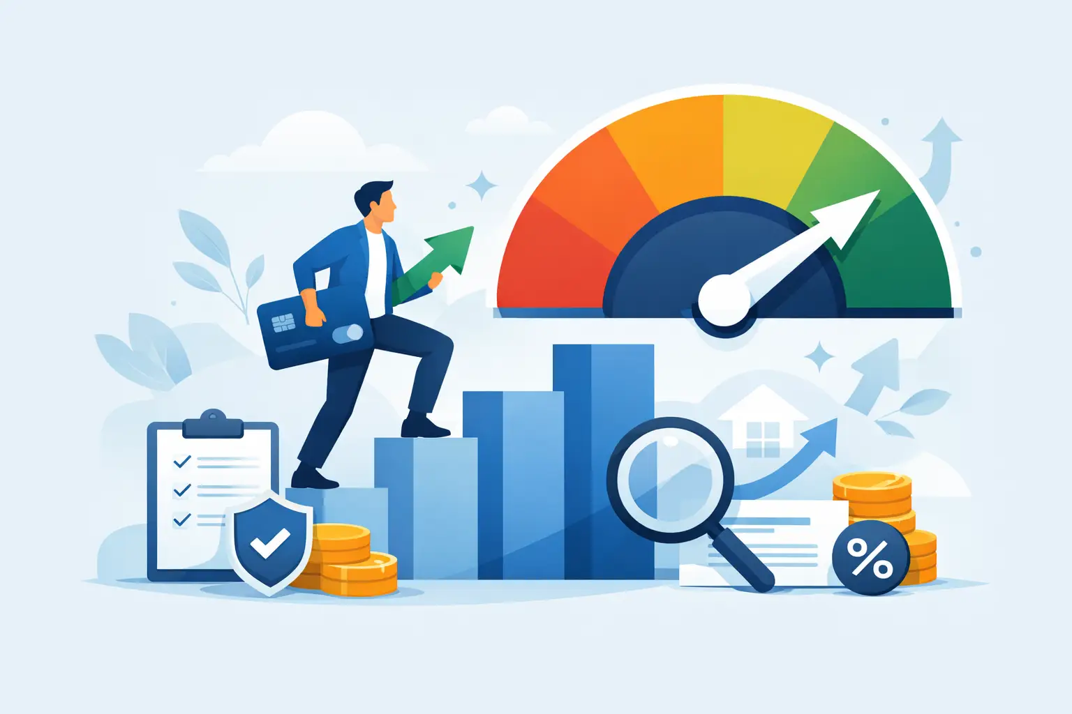 A man in a blue suit is climbing stairs made of blue bars, carrying a credit card and holding a green arrow that points upwards. In the background, there's a gauge with a needle pointing to the green section, indicating good performance. Several icons are depicted, including a clipboard with checkmarks, a shield with a checkmark, stacks of gold coins, a magnifying glass, and a house with upward-pointing arrows. The overall scene suggests progress, financial improvement, and successful credit score management.