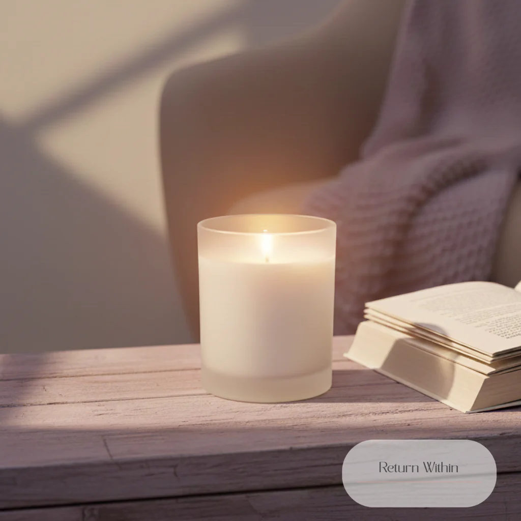 A lit candle in a frosted glass holder sits on a wooden surface next to a stack of books. Sunlight streams in from the left, casting shadows.