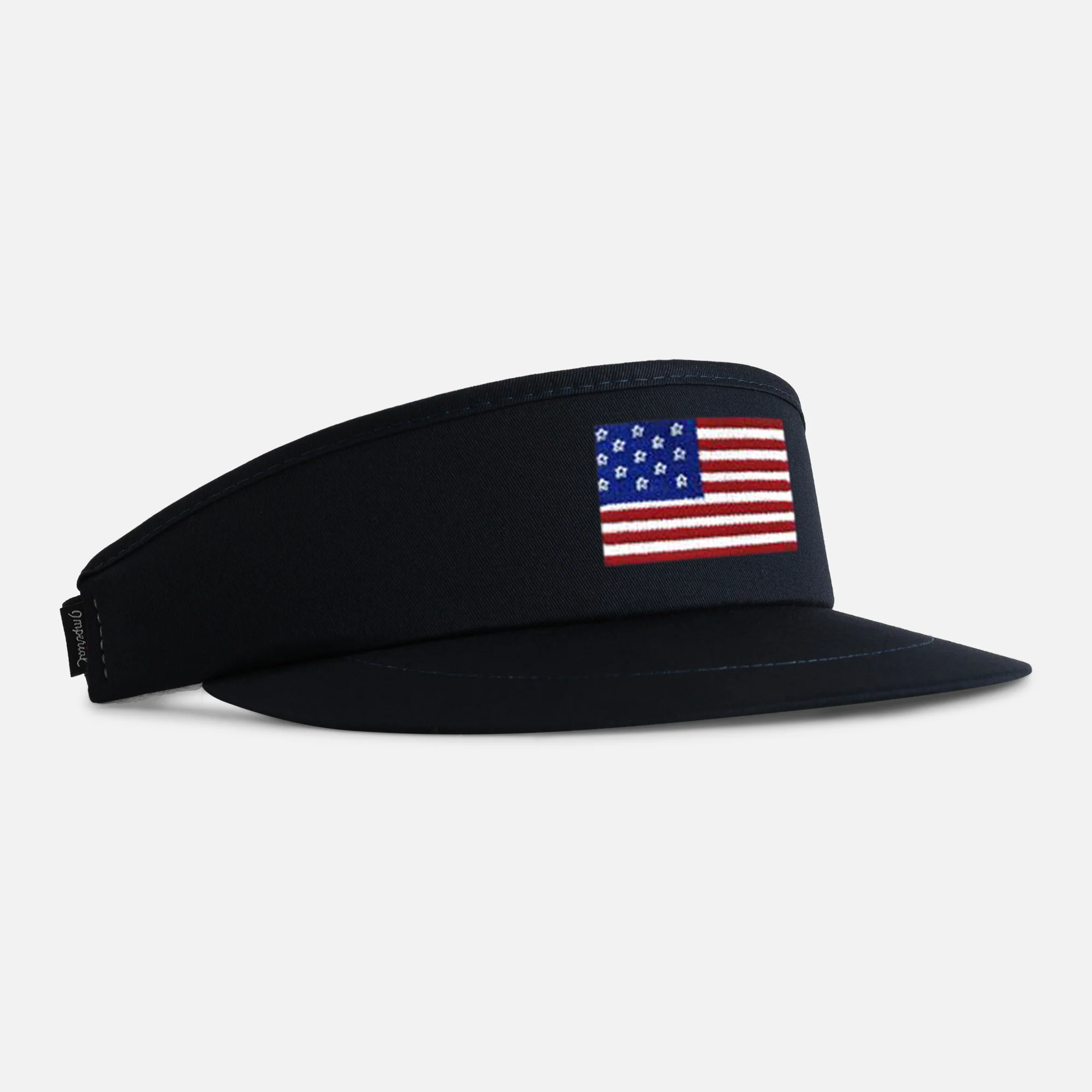 Tour Visor&reg; in navy with an embroidered US flag. The raised satin stitch gives more relief than the woven version.