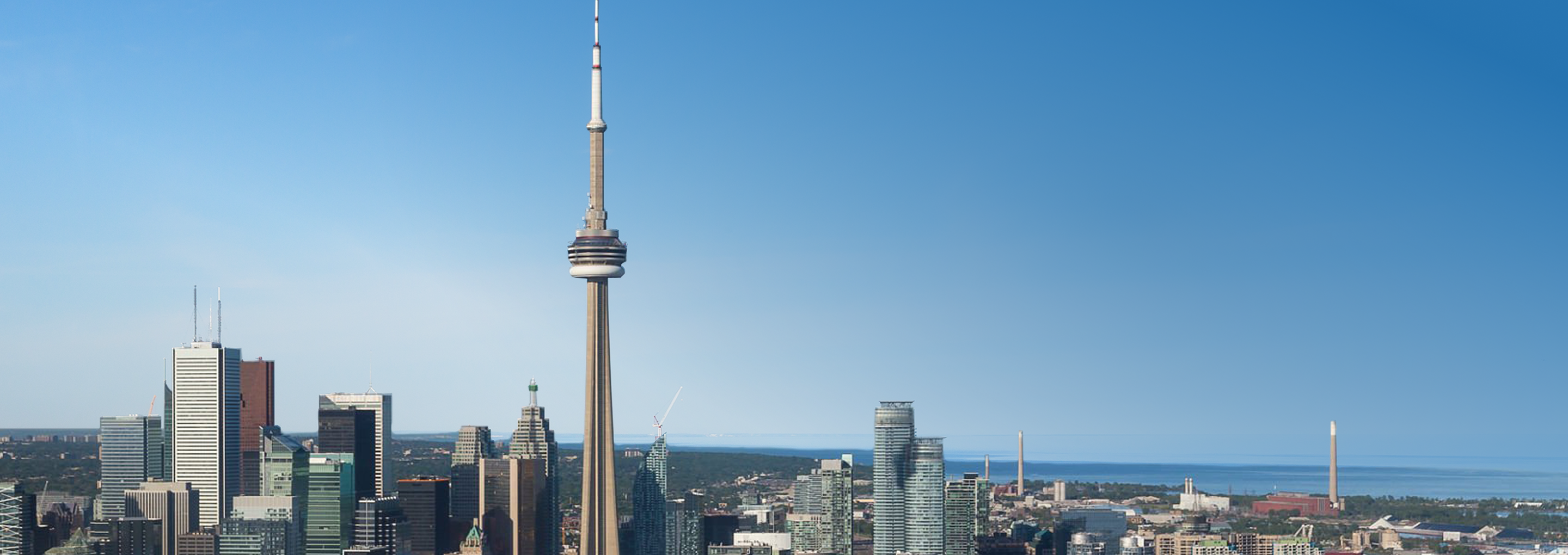 Aerial shot of the Toronto skyline with the CN Tower featured prominently.