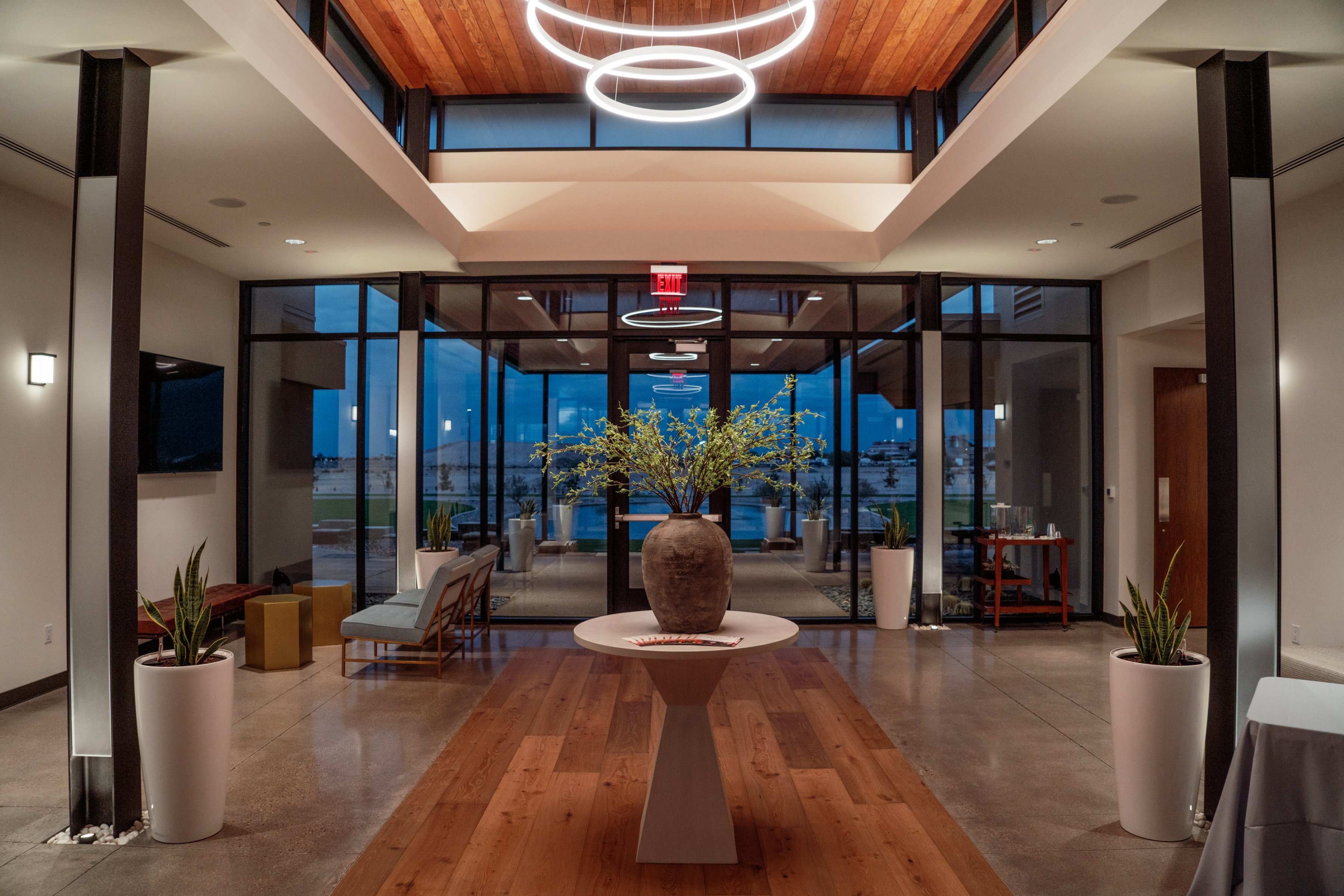 The lobby at Gilbert Memorial Park, where families are welcomed under a ring chandelier.