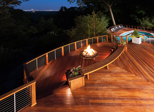 Multi-level Deck with a fire pit, pool and city view