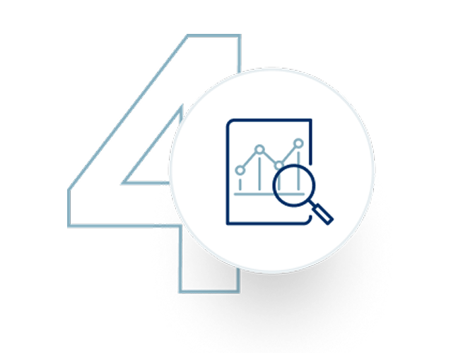 Number 4 icon overlayed with an icon of a magnifying glass over a report.
