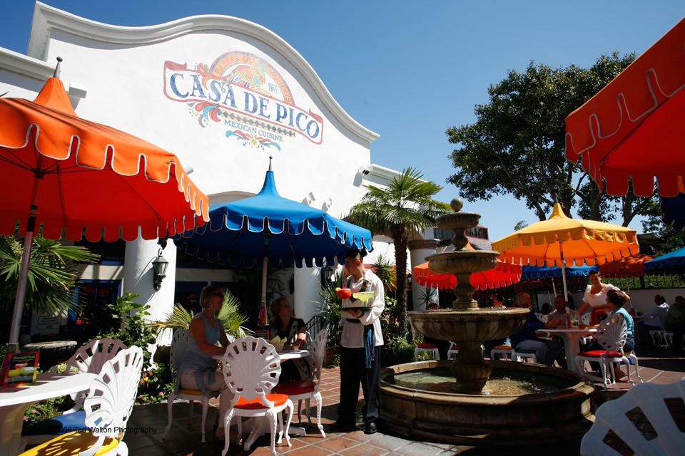 Beautiful patio garden at Casa de Pico in La Mesa California. Enjoy birdbath, margaritas and festive mariachi music along with some of the most traditional Mexican food in San Diego