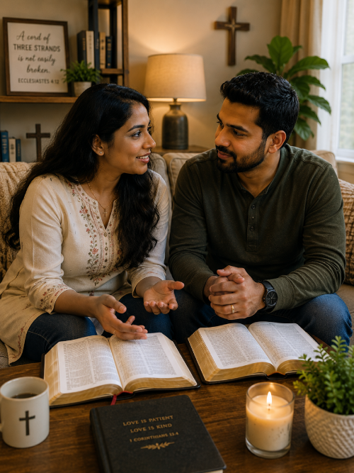 A couple sits on a couch with open Bibles in front of them, engaged in conversation. A lit candle, a mug with a cross, a potted plant, and a framed Bible verse are also visible on the coffee table and in the background, suggesting a religious or spiritual setting.
