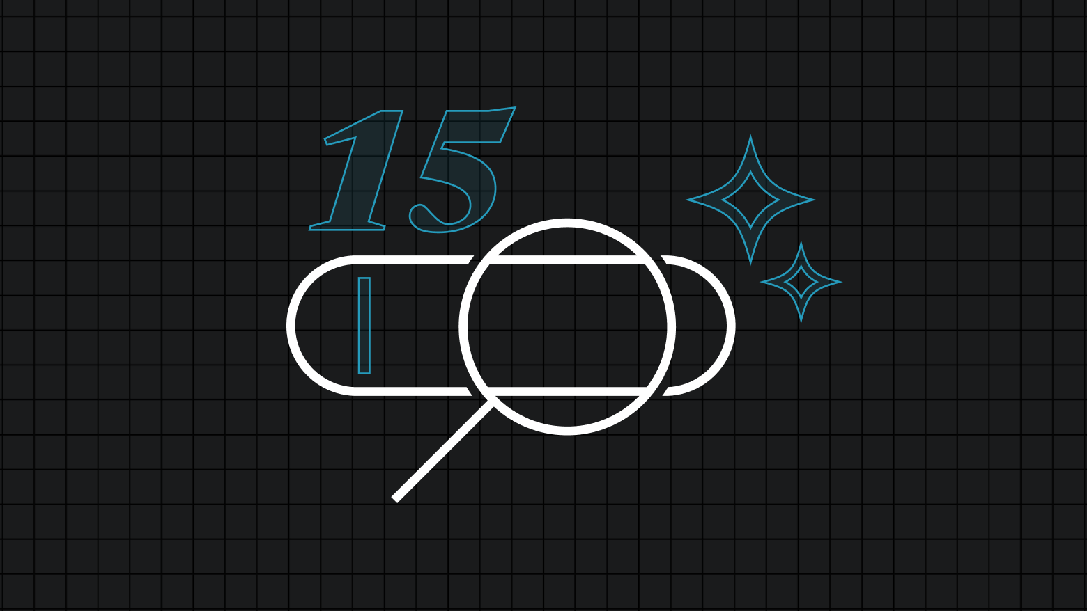 A dark grid background with a stylized white search bar and magnifying glass. The number “15” appears above the search bar in blue, with blue sparkle icons to the right — representing insights or highlights.