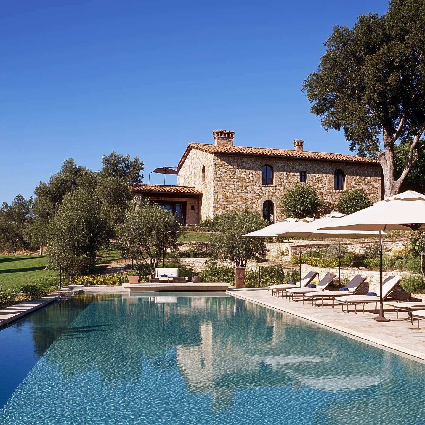 Luxury villa surrounded by landscaped gardens, large swimming pool, sun loungers, and stone architecture, offering premium residential living with elegant outdoor spaces and serene natural surroundings.