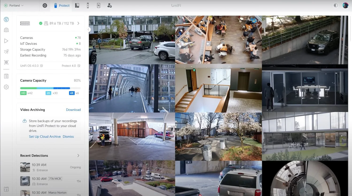 A screenshot of the UniFi Protect dashboard, displaying various camera feeds and system information. The dashboard shows storage capacity, camera counts (HD, 2K, 4K), and recent detections with timestamps and locations. Several video clips are embedded, including footage from parking lots, building interiors with people, a conference room, and an outdoor walkway.
