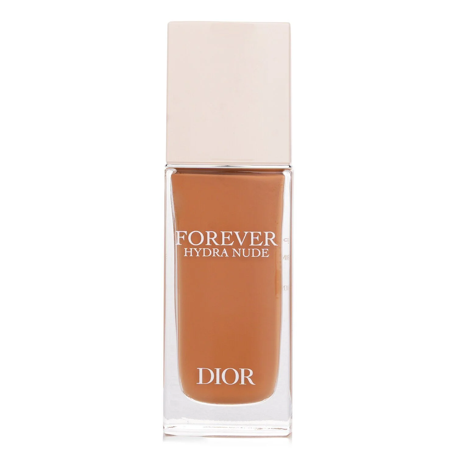 A clear, studio shot of a bottle of Dior Forever Hydra Nude foundation in a medium-tan shade, with white text labeling the product and brand on the glass. The bottle has a rectangular, clear glass base with a solid, opaque beige cap. The liquid inside is a warm, rich brown.
