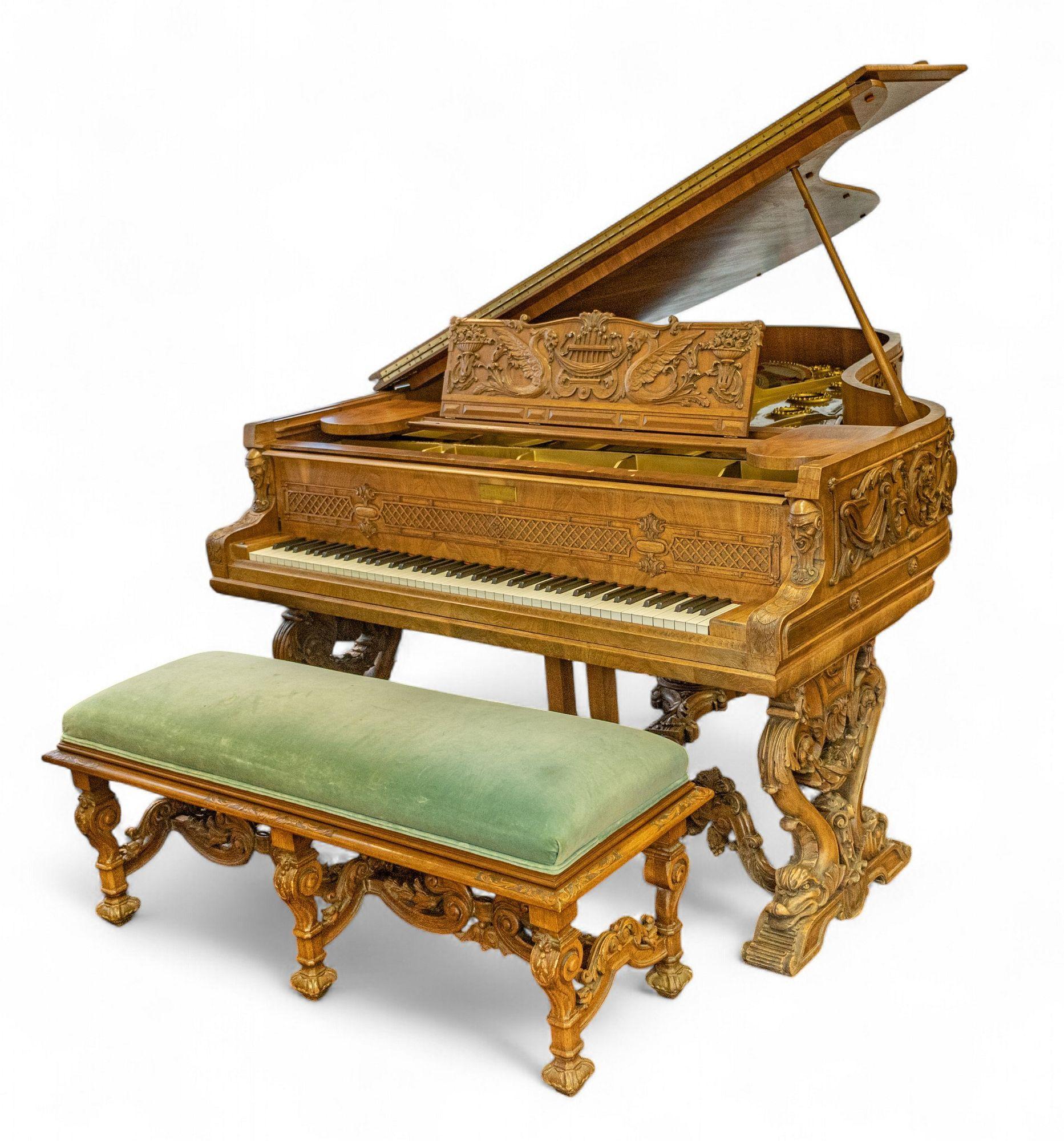 wooden piano with a safe green fabric bench