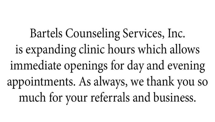 Bartels Counseling Services Appointments Bartels Counseling Services, Inc. Sioux Falls (605)310-0032