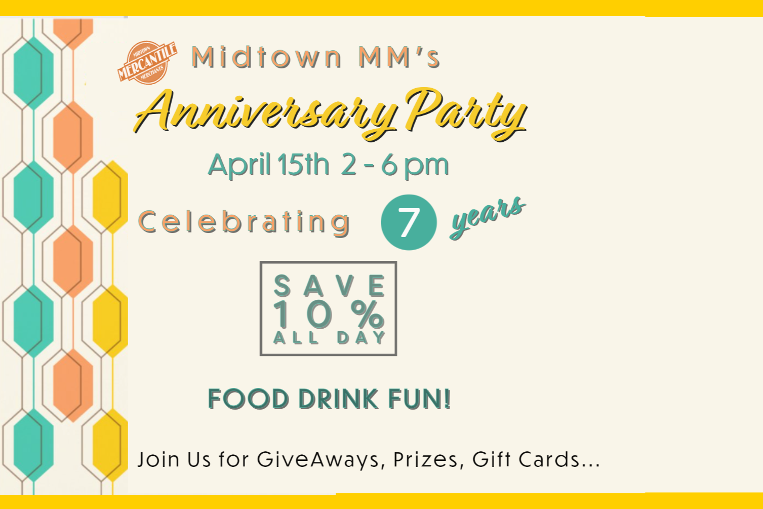 Celebrating 7 years with Food, Drinks, Gift Card GiveAways, Prizes and more! Wine & charcuterie served up by Humble Board Charcuterie! Giveaways include...BASKETS by Karen's Kitchen Stitchin'; COOKIES by Kim's Confections; FREE Juju & Moxie TOTE BAGS for the first 150 customers who purchase $25 or more. GREAT FUN FOR EVERYONE!