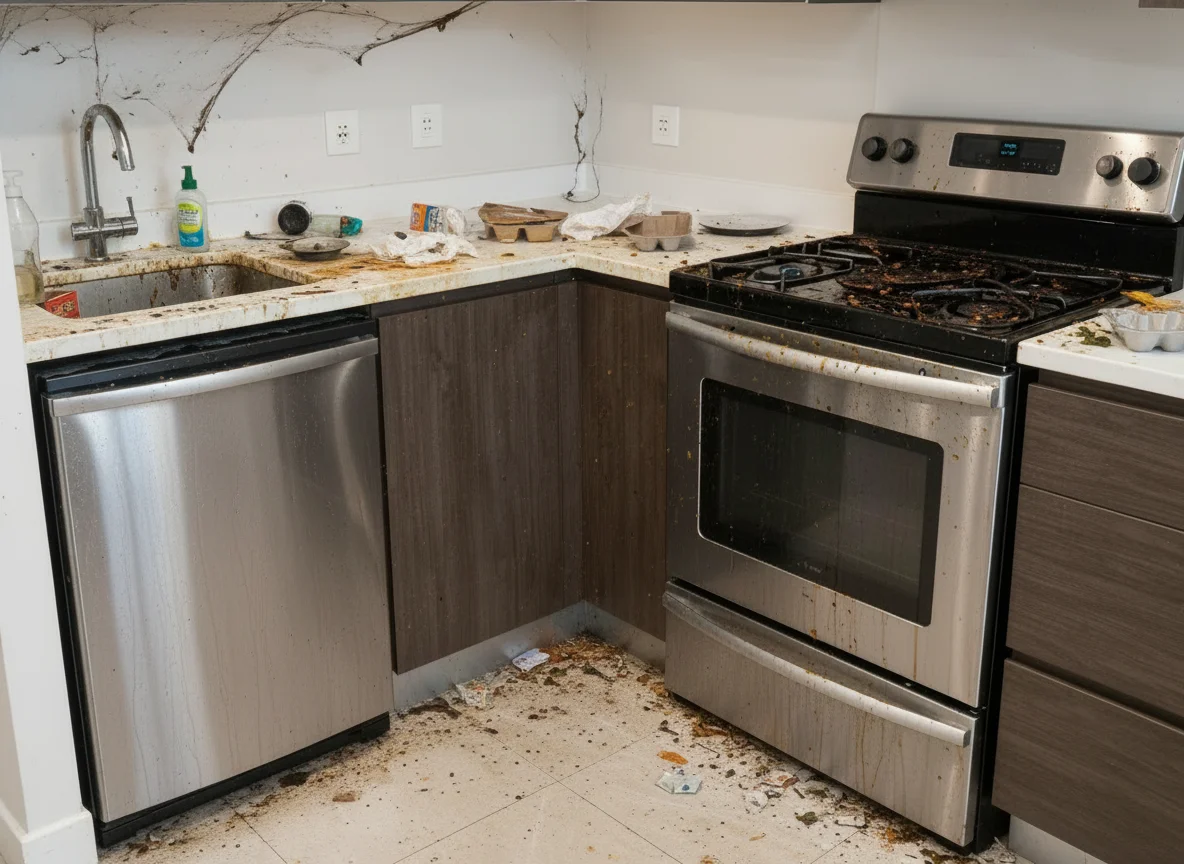 A severely neglected and dirty kitchen with a sink, dishwasher, stove, and countertops covered in grime, food debris, and cobwebs. The floor is littered with trash and spills, indicating a significant lack of cleaning and maintenance. Several electrical outlets are visible on the backsplash, and the cabinets appear to be a dark wood laminate.