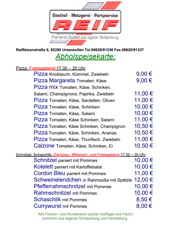 Metzgerei & Partyservice Reif, Raiffeisenstraße 6 in Ursensollen