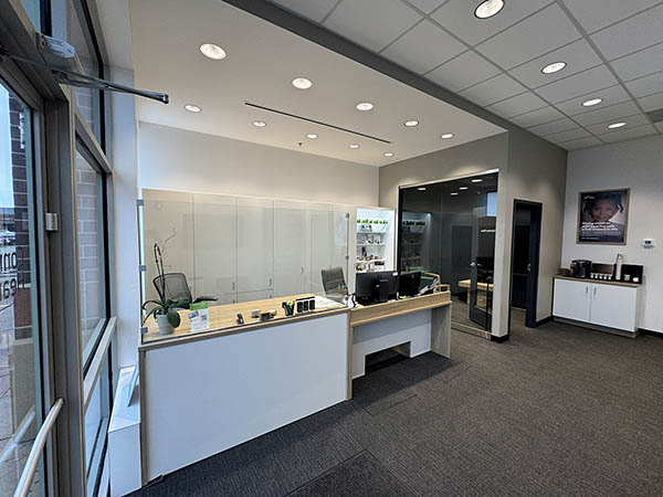 Interior photo of reception area in the AudioNova hearing clinic in Batavia, IL