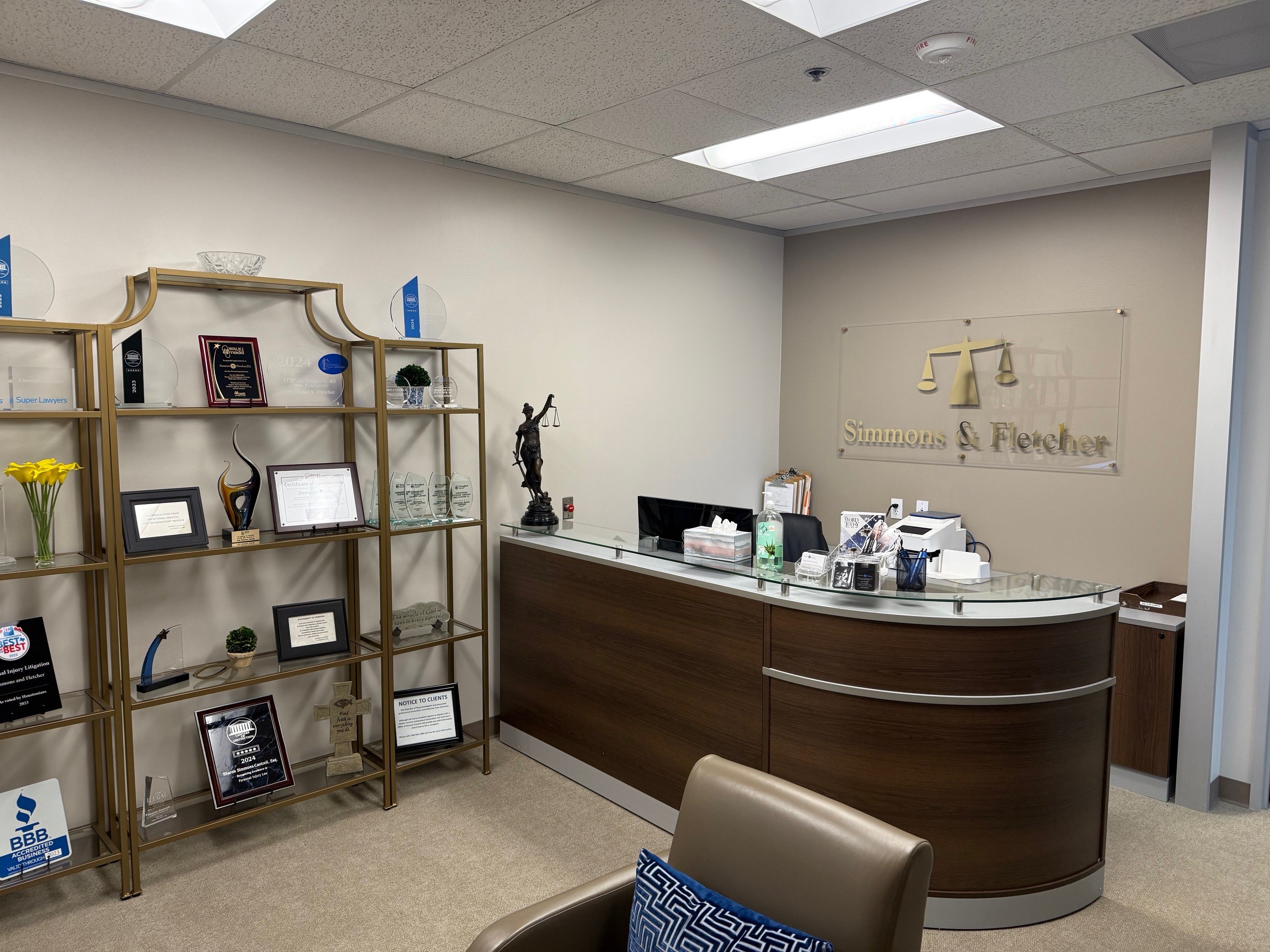 Reception area of Simmons and Fletcher, P,.C., Injury & Accident Lawyers