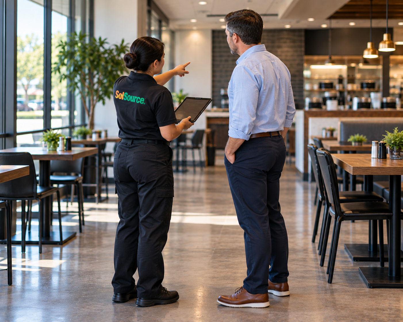 A SolSource representative conducts a commercial cleaning site walkthrough with a facility contact, reviewing the property before a customized cleaning plan is prepared.