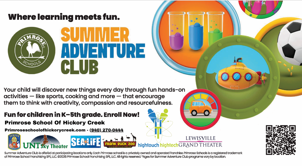 Summer fun meets purposeful learning at Primrose School of Hickory Creek! Our summer program keeps children engaged with hands-on STEM activities, creative exploration, outdoor play, themed adventures, and age-appropriate learning experiences in a safe, nurturing environment. From preschoolers to school-age children, our summer programs help build confidence, friendships, and school readiness while giving parents dependable childcare. Conveniently located near Hickory Creek, Lake Dallas, and Corinth. Enroll now&mdash;spaces fill quickly!