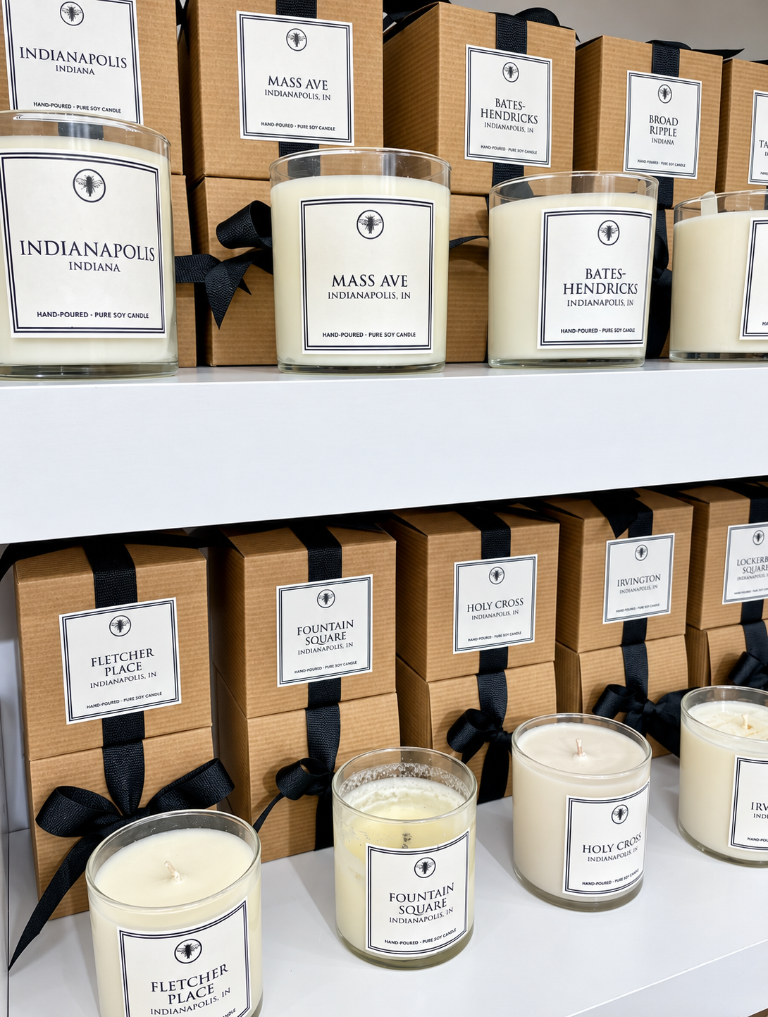 Discover hand-poured soy candles inspired by Indianapolis neighborhoods, including Mass Ave, Fountai 