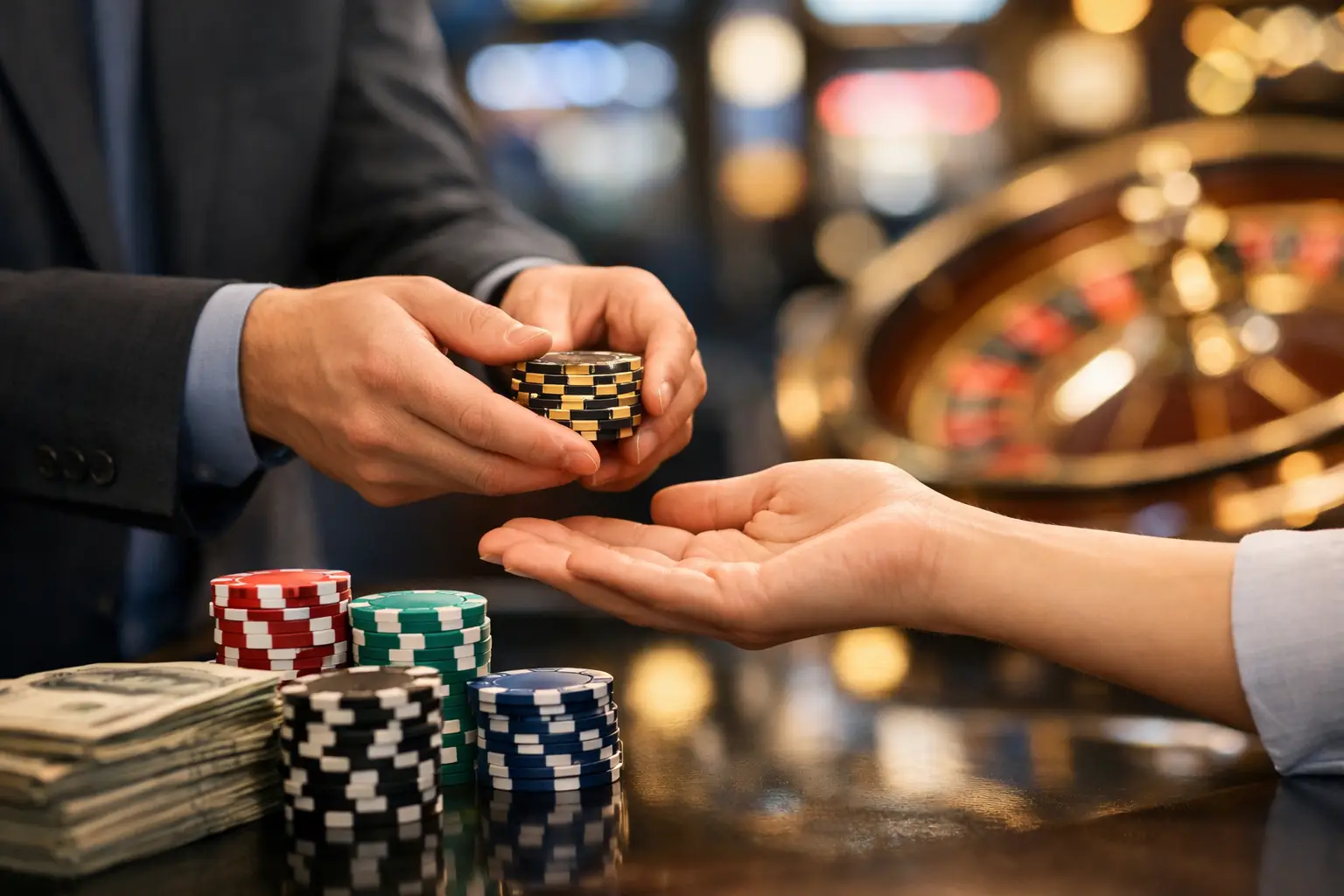 A person in a suit hands a stack of casino chips to another person's open palm. In the foreground, stacks of red, green, black, and blue casino chips are visible, along with a stack of US dollar bills. In the background, a blurry roulette wheel can be seen, suggesting a casino setting. The lighting is dim with bokeh effects.