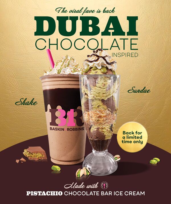 For those who couldn't get enough & those who didn't get a chance to try it, our Flavor of the Month, Pistachio Chocolate Bar is back. Enjoy this sweet 'n nutty flavor in our Dubai Chocolate Inspired Shake & Sundae.