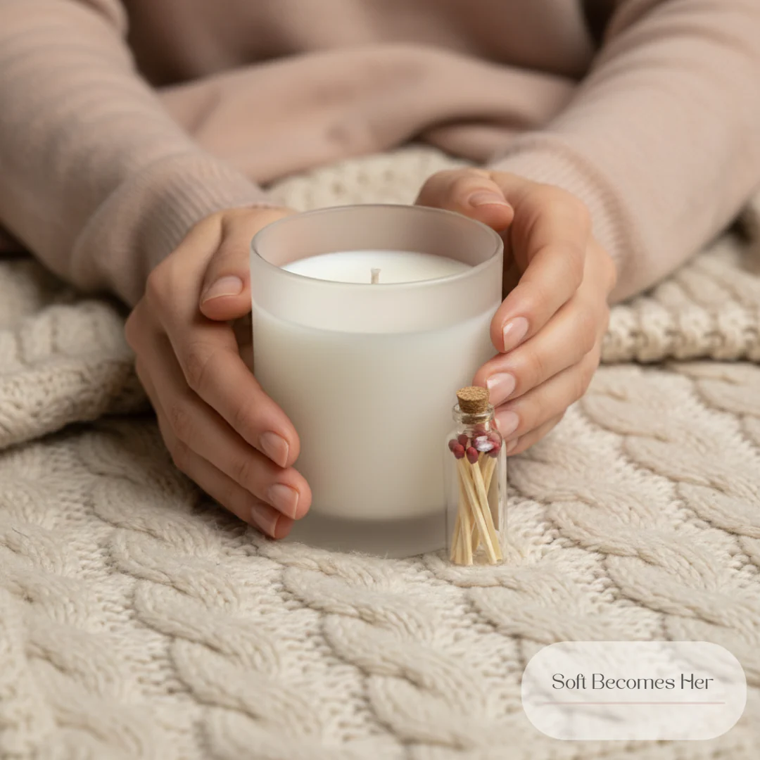 A close-up shot shows a person's hands holding a white candle in a frosted glass jar, with a small glass vial of red-tipped matches next to it. The candle is placed on a cream-colored knitted blanket. The background is blurred, with the person's arms wearing a beige sweater visible. A text overlay reads "Soft Becomes Her."