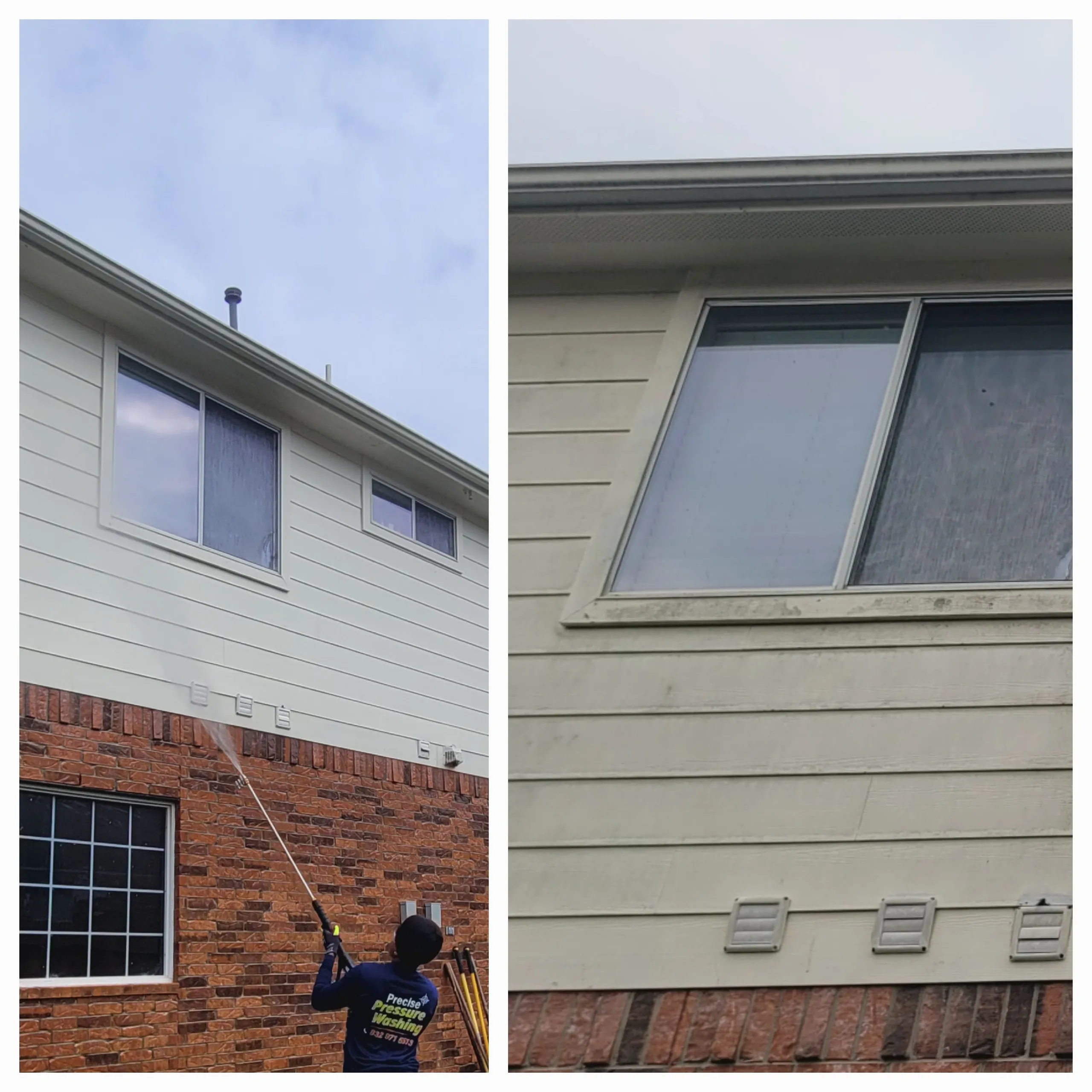 A person pressure washes the side of a house with a brick and vinyl exterior. The image is split into two halves. The left side shows a worker in a blue shirt, black pants, and gloves, holding a pressure washer wand and spraying the wall. The right side shows a close-up of the vinyl siding and brick, with several ventilation grates. The sky is overcast.