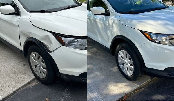 Before-and-after comparison shows a white SUV with front fender and headlight damage restored to a c 