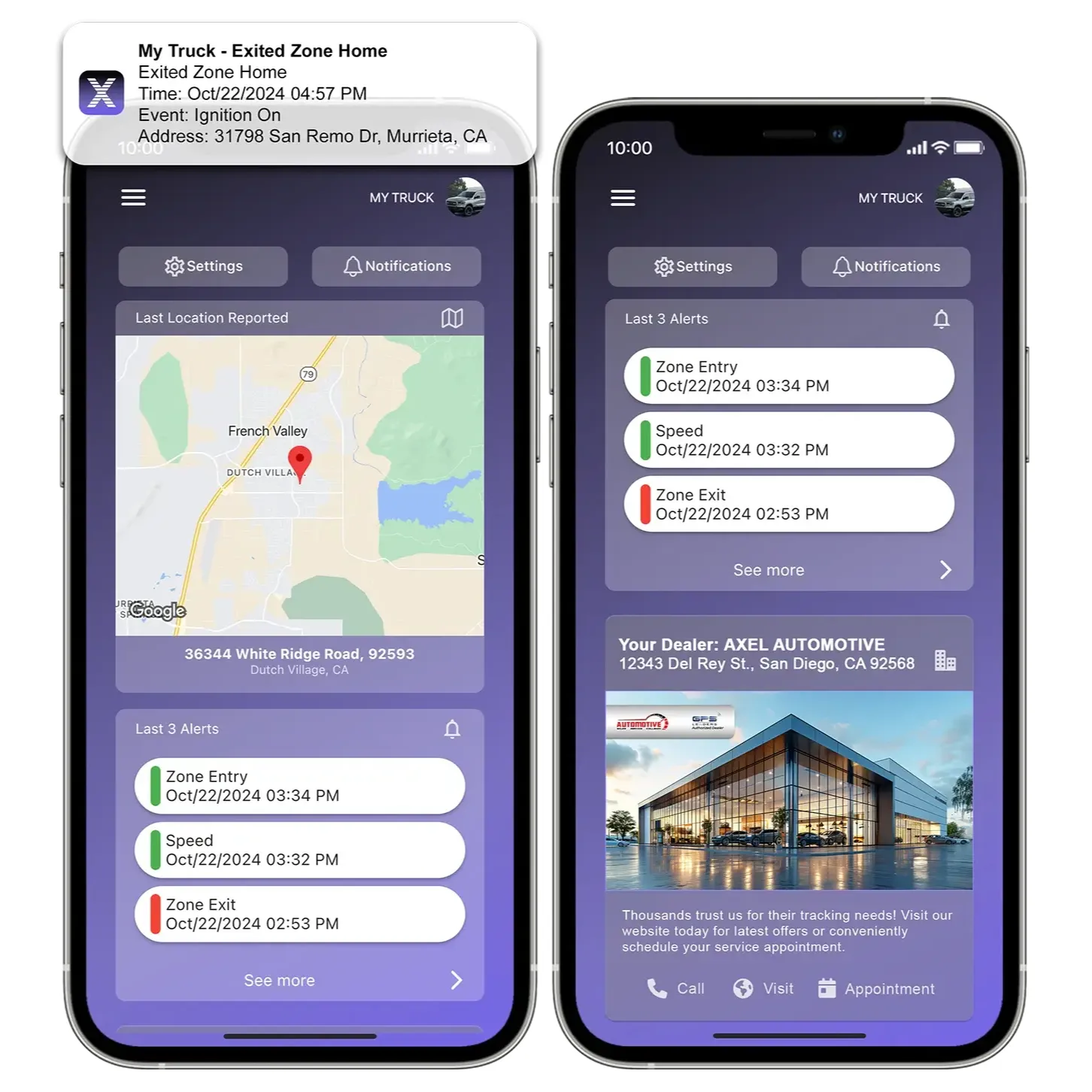 This image displays the GPS Leaders Consumer Mobile App interface, highlighting real-time vehicle monitoring and dealer integration features. The app shows live vehicle location mapping, zone entry and exit alerts, speed notifications, and ignition activity updates. A push notification example demonstrates geofence activity with address details. The interface also features a dedicated &ldquo;Your Dealer&rdquo; section, showcasing dealership branding, contact information, and direct call, visit, and appointment scheduling options&mdash;providing seamless connectivity between the vehicle owner and the selling dealer.