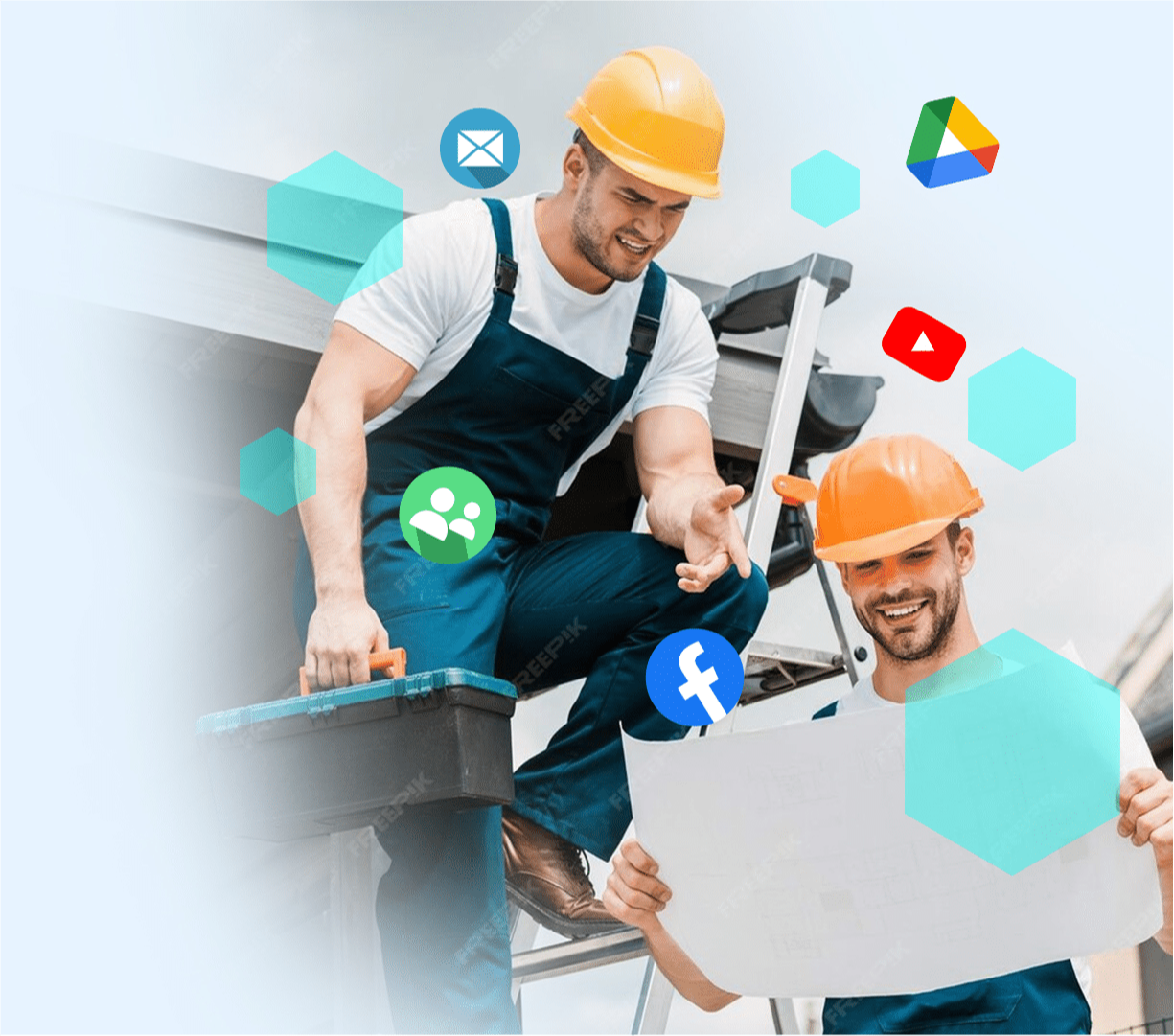 Two construction workers in hard hats review a blueprint, surrounded by floating social media icons, symbolizing digital connectivity.