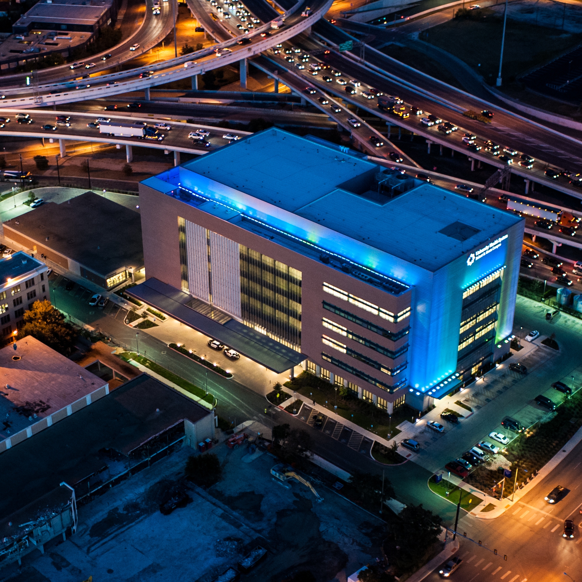 Arial night shot of Robert B. Green Campus 
