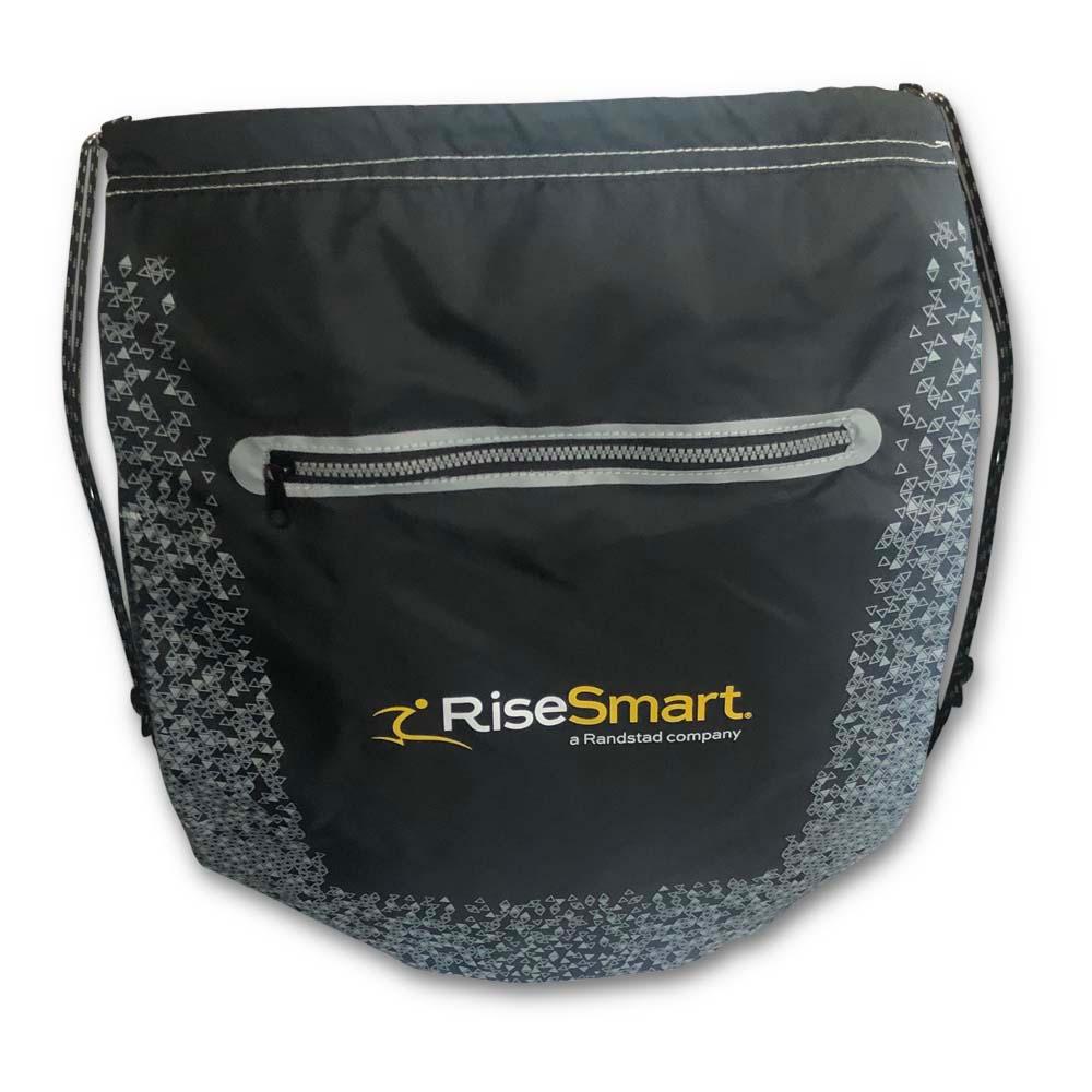 Drawstring bag for RiseSmart. Branded merch by PLC Print.