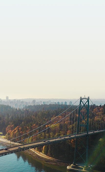 Aerial view of Lions Gate Bridge in Vancouver, BC.