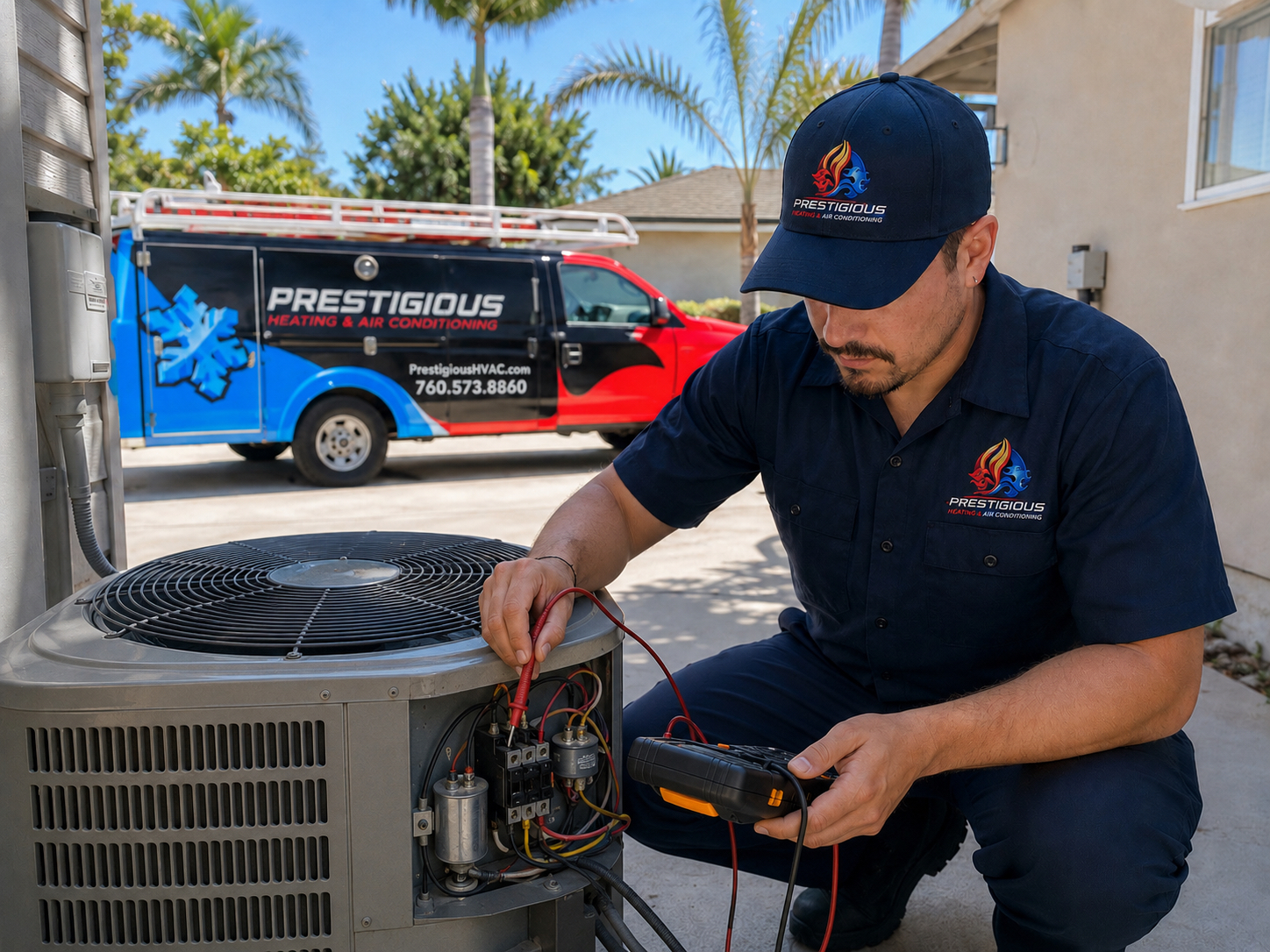 HVAC diagnostic service identifying air conditioner fan motor noise issues for a homeowner in Carlsbad, California.