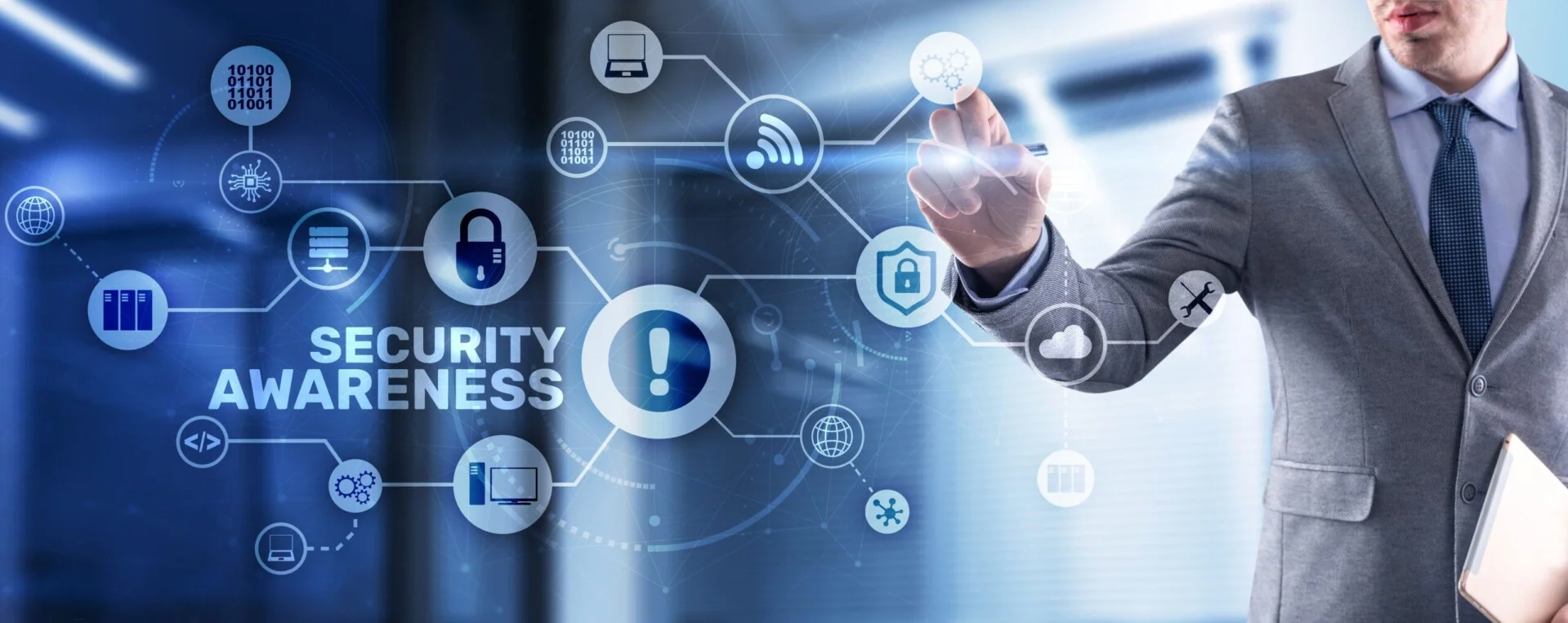 A businessman in a suit is interacting with a futuristic digital interface displaying a "Security Awareness" flowchart with various icons representing data, networks, and security measures. The interface is blue and white with glowing elements.